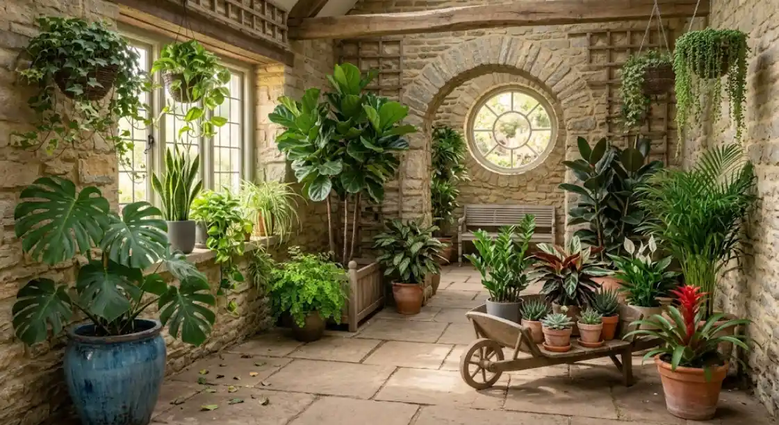 A variety of lush green indoor plants in pots